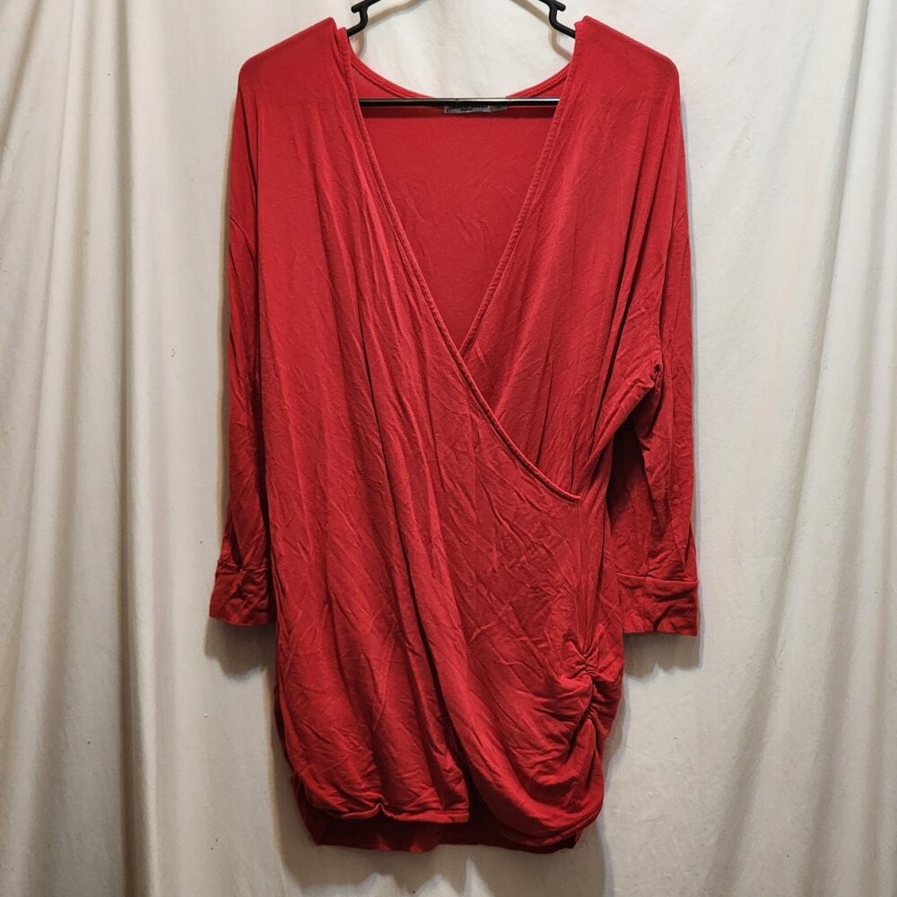 Lock & Love Red Ruched Faux Wrap 3/4 Sleeve Top XXXL‎ 3XL Made in USA